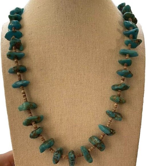 Vintage Native American Turquoise Graduated Heishi Shell Necklace Flat Nuggets - Picture 4 of 16